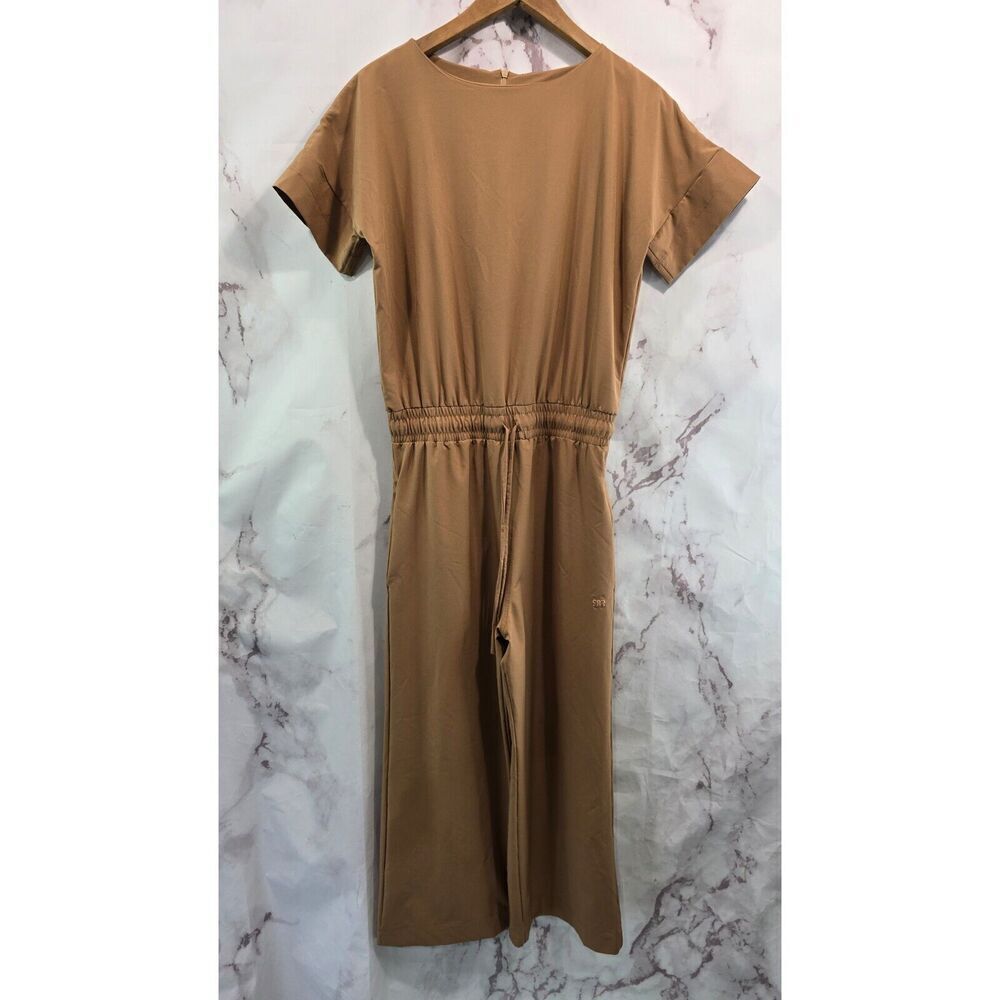 Albion Jumpsuit Women XS Tan Wide Leg Zip Every Day Jetsetter Short Sleeve